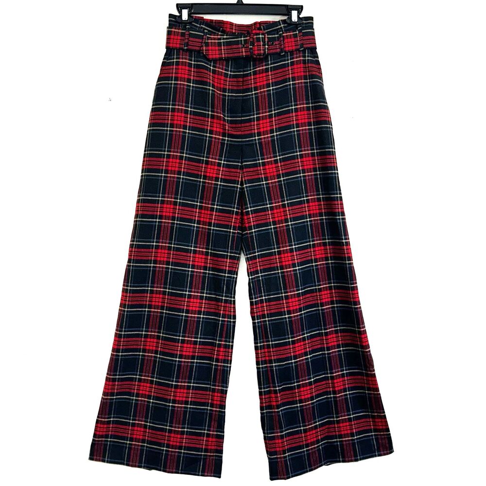 Cremieux Women Paperbag Belted Plaid Wide-Leg Trousers Pants Size 4 High Rise